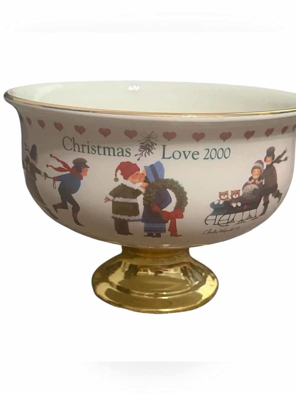Vintage Charles Wysocki Christmas pedestal bowl